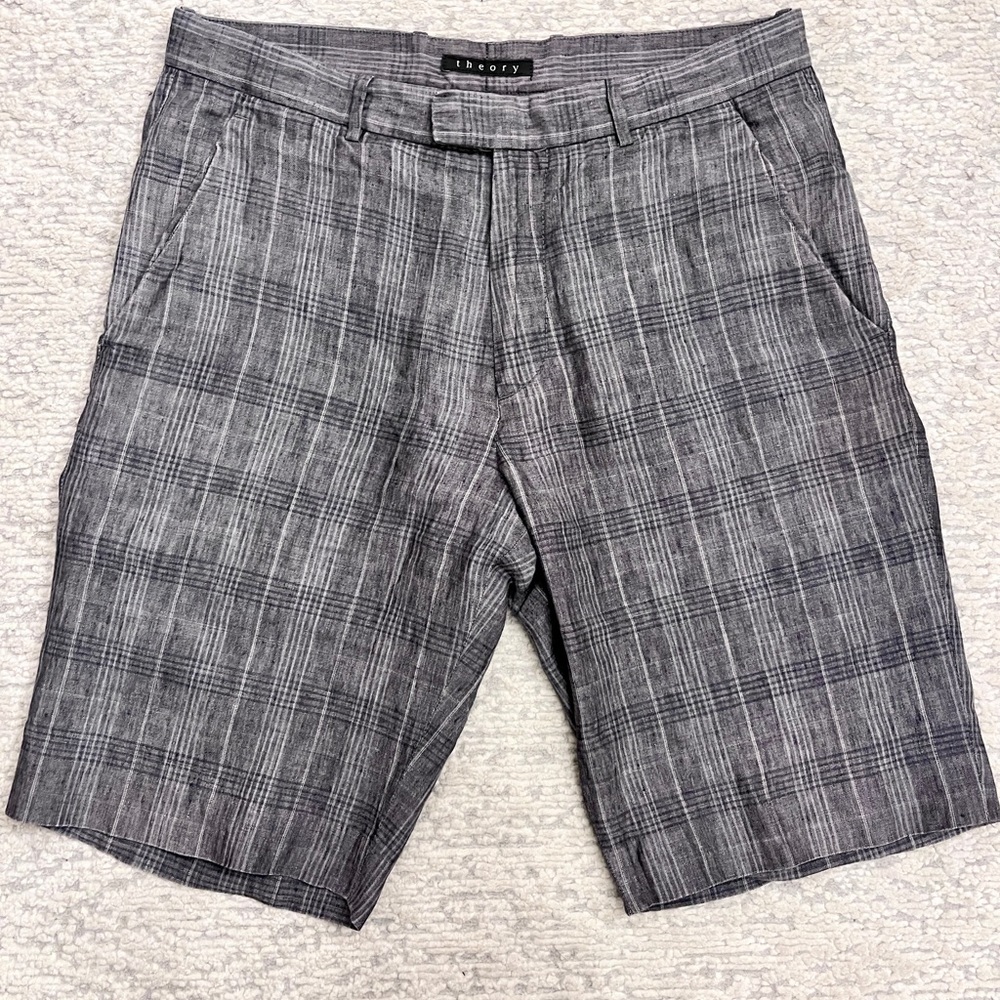 Theory  100% Linen Gray Flat Front Plaid Shorts - Men Size 30